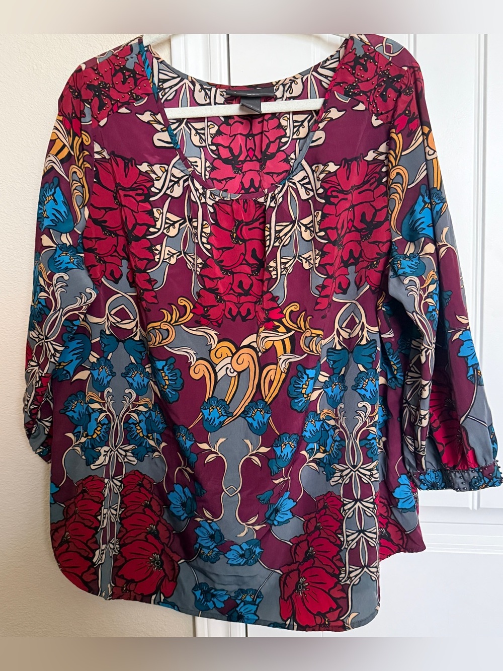 Lane Bryant Red Floral Blouse with Blue Accents